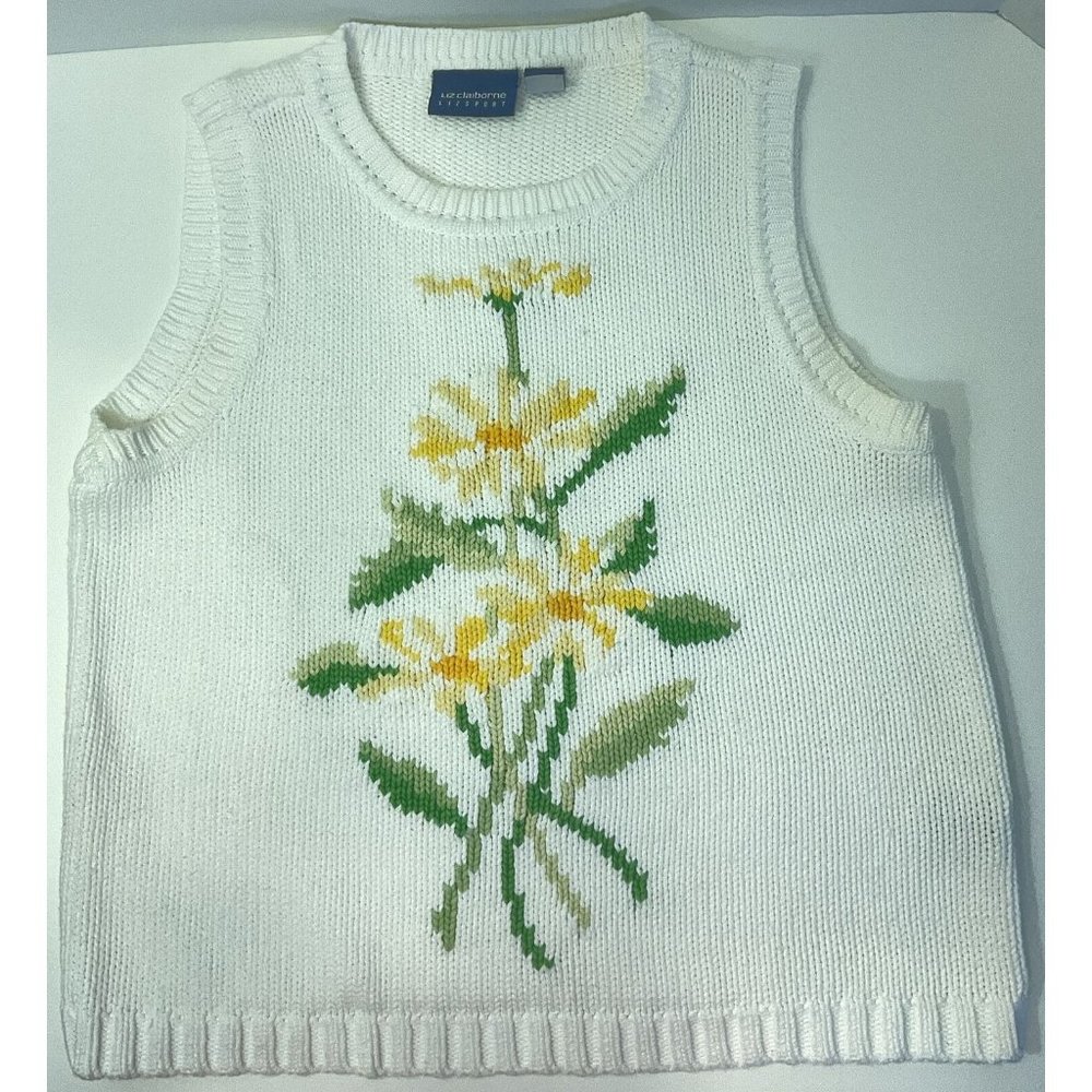 Vintage 90s Liz Claiborne Sweater Vest Women’s M Daisy Flower Cottagecore Twee